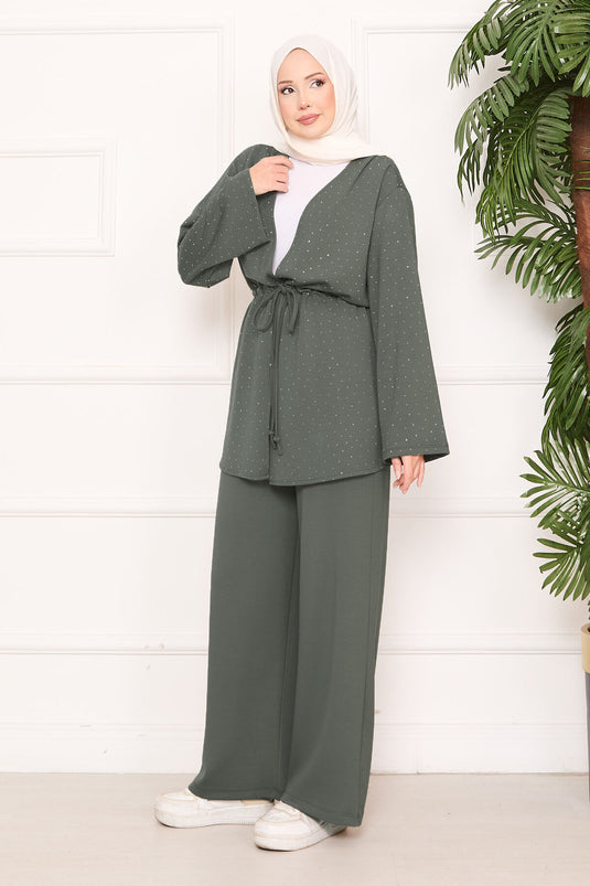 Işıltılı Taş Detaylı Büzgülü Oyşo Tesettür Takım Mint