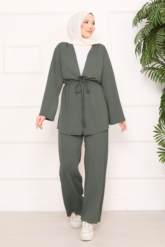 Işıltılı Taş Detaylı Büzgülü Oyşo Tesettür Takım Mint