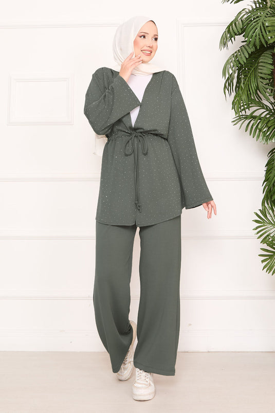 Işıltılı Taş Detaylı Büzgülü Oyşo Tesettür Takım Mint