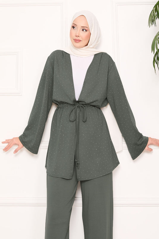 Işıltılı Taş Detaylı Büzgülü Oyşo Tesettür Takım Mint