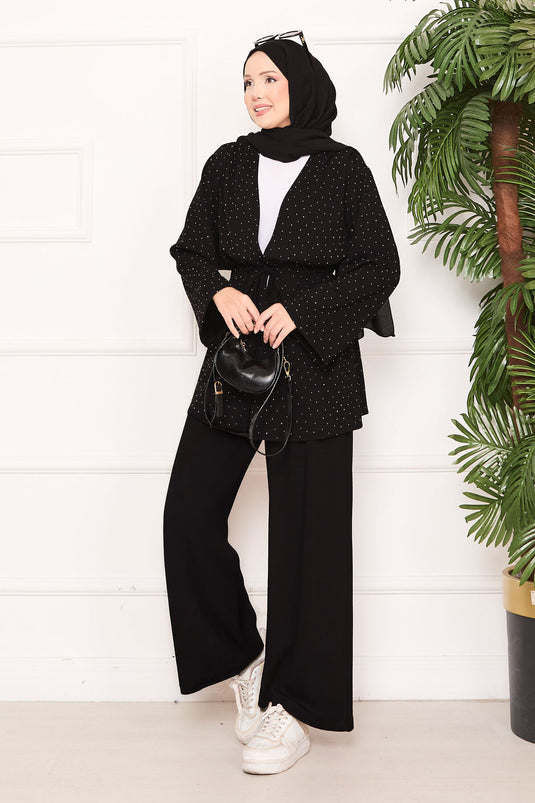 Sparkling Stone Detailed Pleated Oysho Hijab Suit Black