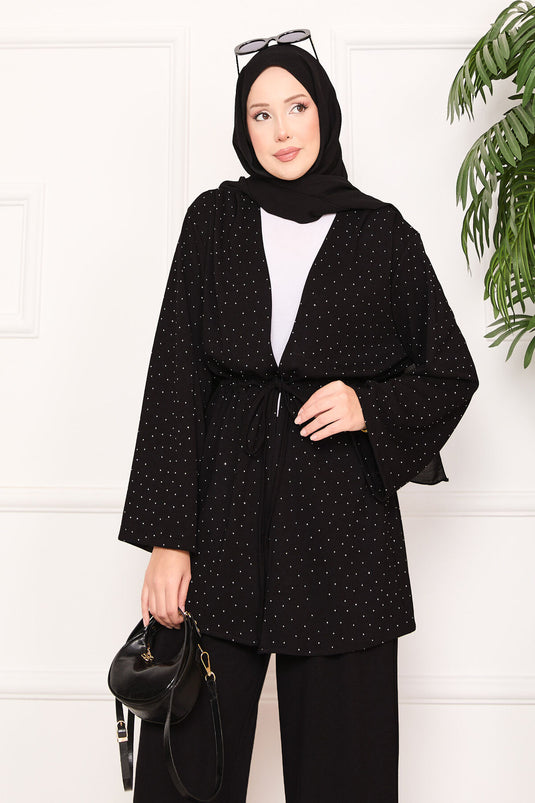Sparkling Stone Detailed Pleated Oysho Hijab Suit Black