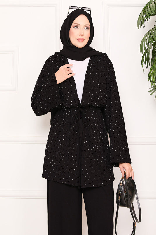 Sparkling Stone Detailed Pleated Oysho Hijab Suit Black