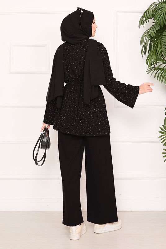 Sparkling Stone Detailed Pleated Oysho Hijab Suit Black