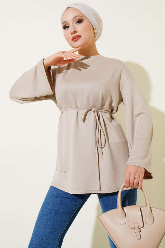 Spanish Sleeve Lace-up Tunic Beige