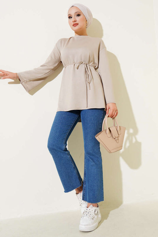 Spanish Sleeve Lace-up Tunic Beige