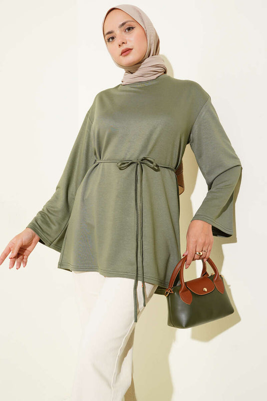 Spanish Sleeve Lace-Up Tunic in Çağla Green