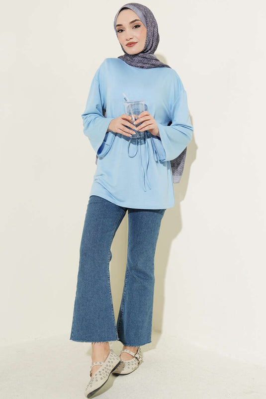 Spanish Sleeve Drawstring Tunic Blue