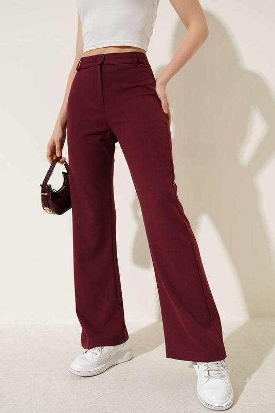 İspanyol Paça Bel Düğmeli Pantolon Bordo