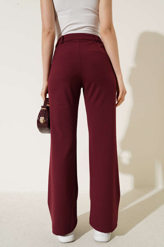 İspanyol Paça Bel Düğmeli Pantolon Bordo