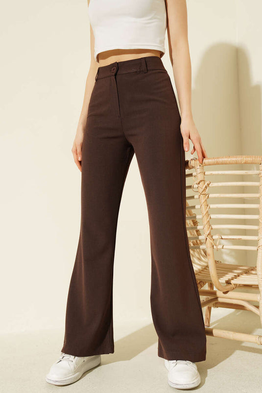 İspanyol Paça Bel Düğmeli Pantolon Kahve