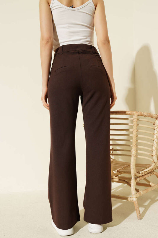İspanyol Paça Bel Düğmeli Pantolon Kahve