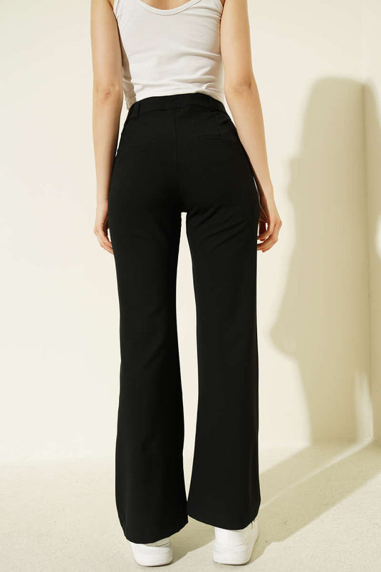 İspanyol Paça Bel Düğmeli Pantolon Siyah