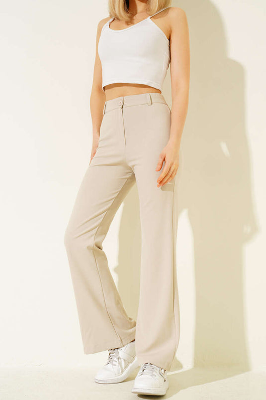 İspanyol Paça Bel Düğmeli Pantolon Taş