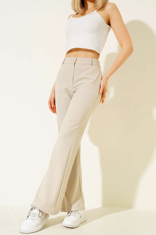 İspanyol Paça Bel Düğmeli Pantolon Taş