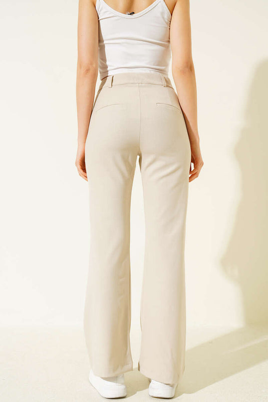 İspanyol Paça Bel Düğmeli Pantolon Taş