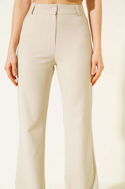 İspanyol Paça Bel Düğmeli Pantolon Taş
