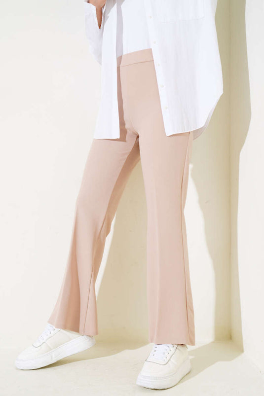 Pantalon double taille élastique à jambes larges beige