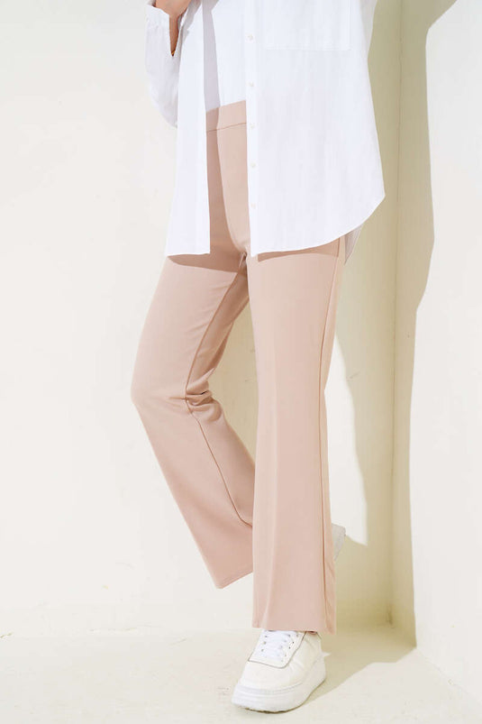 Pantalon double taille élastique à jambes larges beige