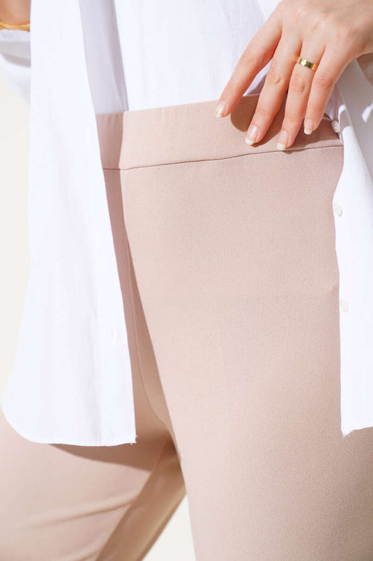 Pantalon double taille élastique à jambes larges beige