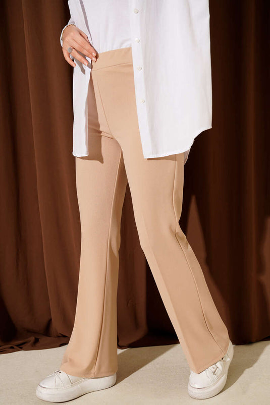 بنطلون إسباني واسع الساقين بخصر مزدوج، لون لاتيه