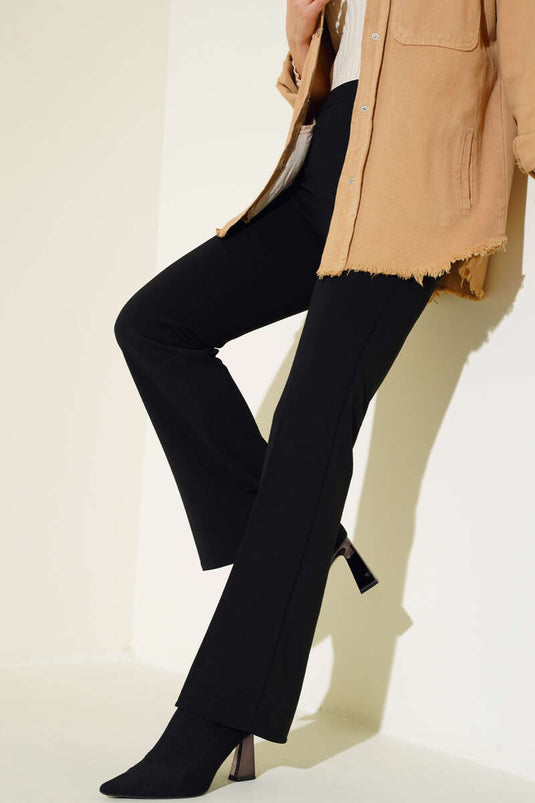 Spanish Style Flare Pants with Elastic Waistband, Double Trousers, Black