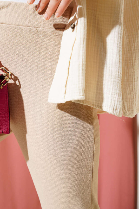 بنطال إسباني الساق بخصر مطاطي بلون البيج