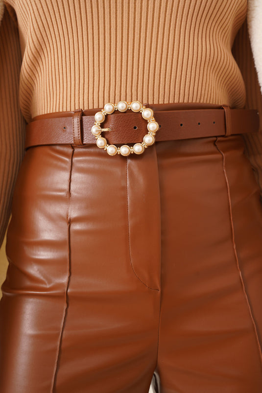 Ausgestellte Lederhose mit Knöpfen, Hellbraun