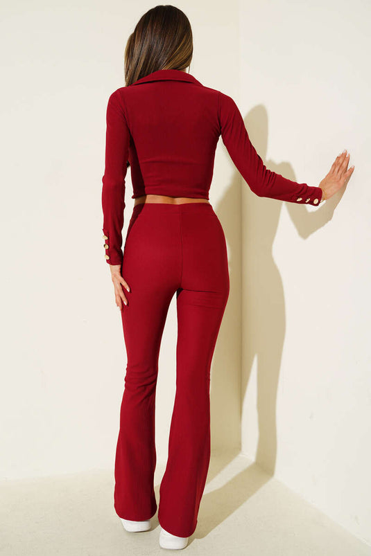 Spanish-style flared button-down two-piece set in burgundy.