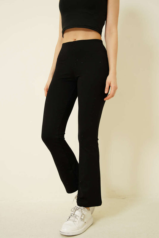 Schwarze Hose mit weitem Bein, Steinverzierung und elastischem Bund