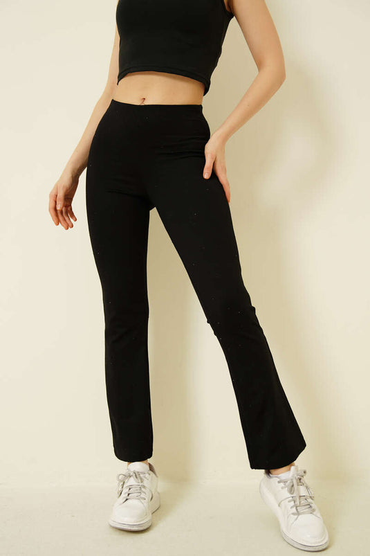 İspanyol Paça Taşlı Bel Lastikli Pantolon Siyah