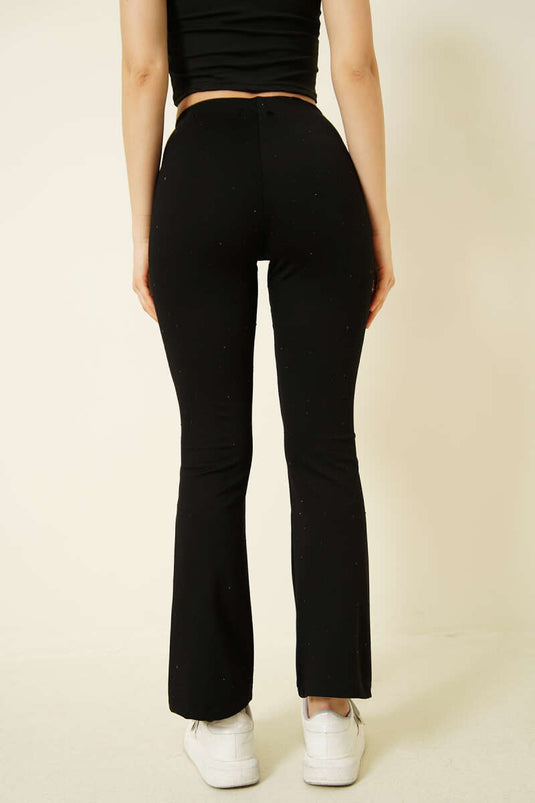 İspanyol Paça Taşlı Bel Lastikli Pantolon Siyah