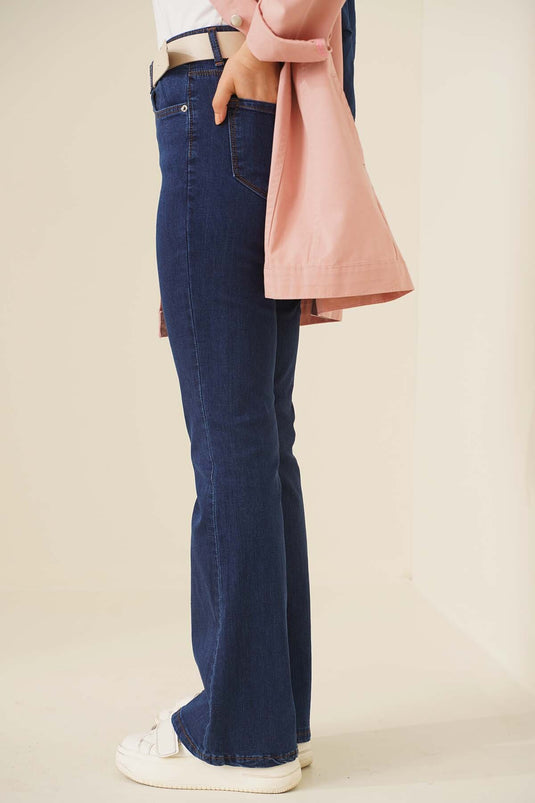 Donkere denim jeansbroek met uitlopende pijpen en hoge taille