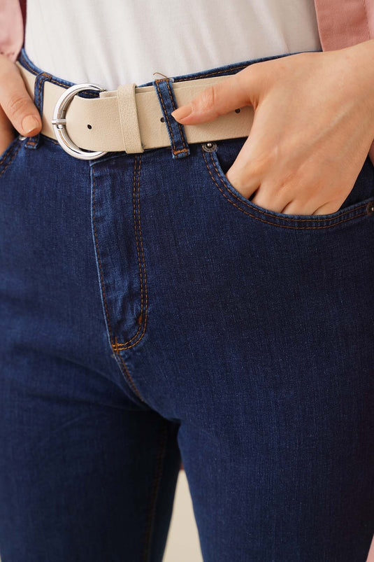 Donkere denim jeansbroek met uitlopende pijpen en hoge taille