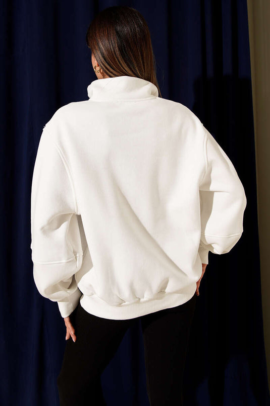 İtaly Nakışlı Yaka Düğmeli Şardonlu Sweat Beyaz