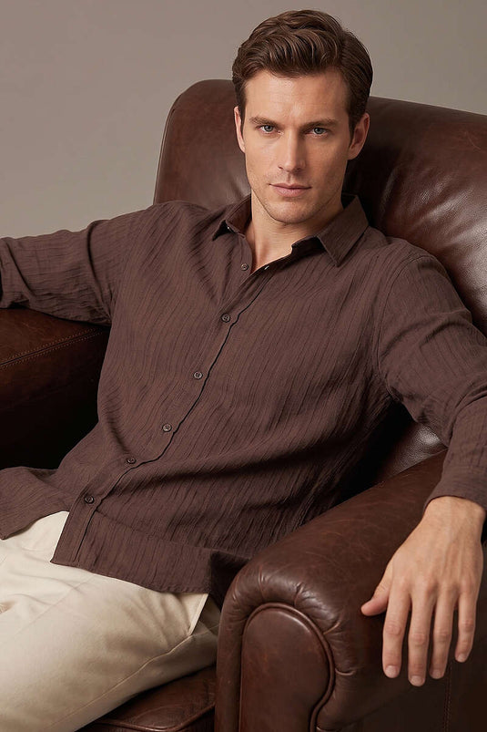 Chemise homme à manches longues avec détails rayés Jakar, couleur café