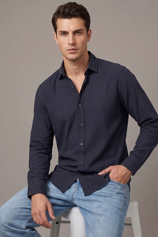 Camicia uomo a manica lunga con dettagli a righe jacquard blu scuro