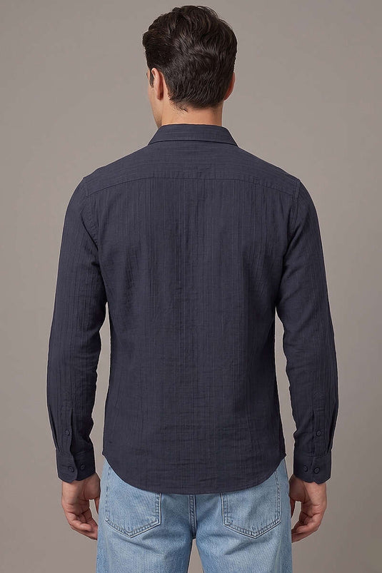 Camicia uomo a manica lunga con dettagli a righe jacquard blu scuro