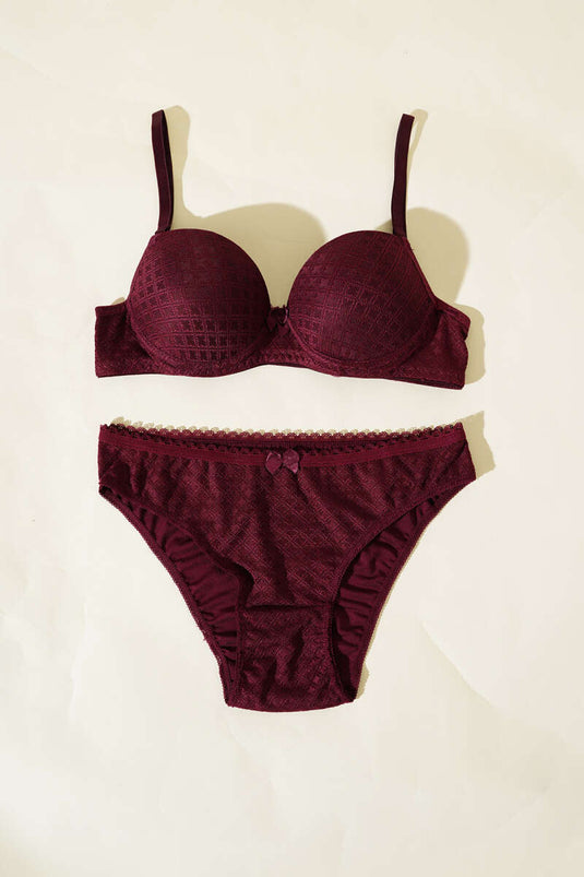 Jacquard Patterned Padded Bra Set Plum