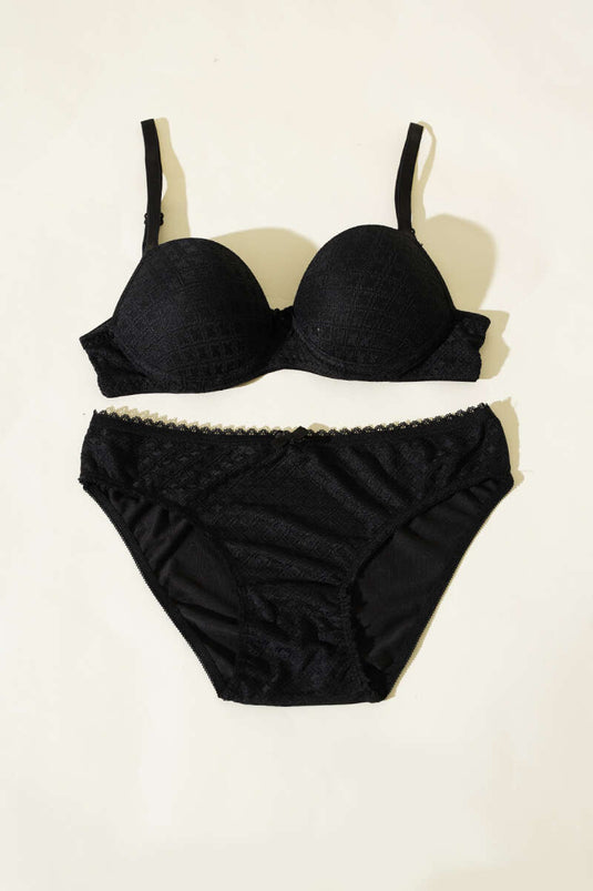 Jacquard Patterned Padded Bra Set Black