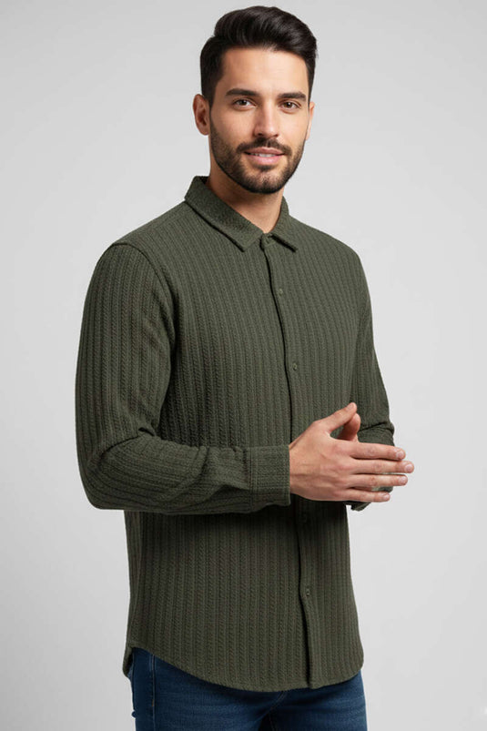 قميص رجالي بنقشة جاكار، لون كاكي