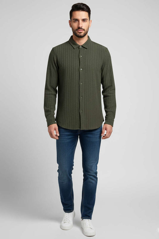 قميص رجالي بنقشة جاكار، لون كاكي