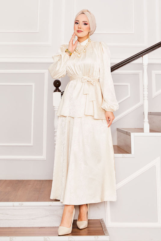 Ensemble Hijab à jupe en jacquard beige