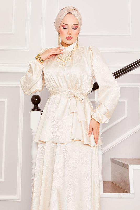 Ensemble Hijab à jupe en jacquard beige