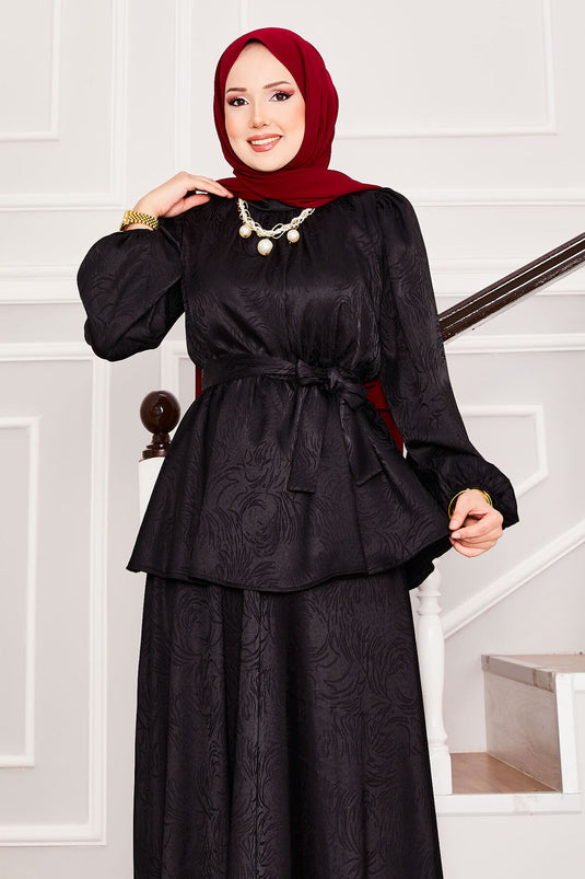Ensemble hijab à jupe en jacquard noir