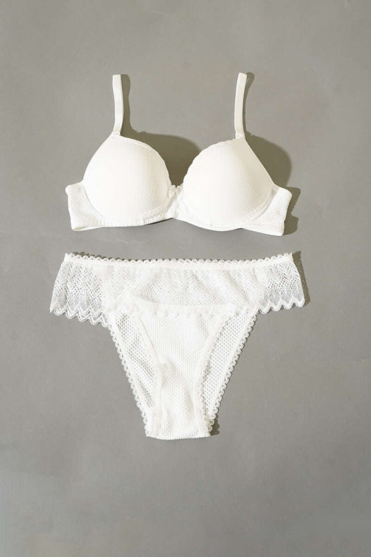 Jacquard Lace Detailed Padded Bra Set Ecru