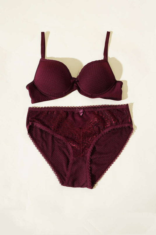 Jacquard Lace Detailed Padded Bra Set Plum