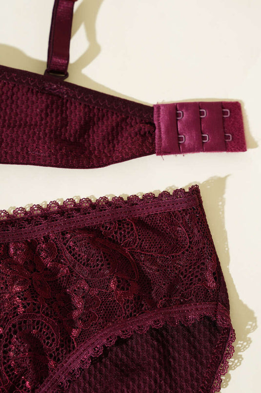 Jakarlı Dantel Detaylı Destekli Sütyen Takım Mürdüm