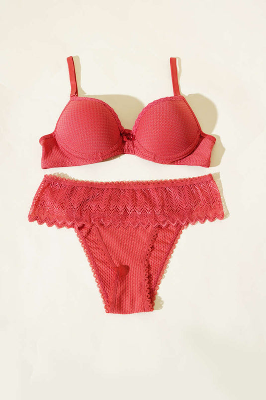 Jakarlı Dantel Detaylı Destekli Sütyen Takım Nar Çiçeği