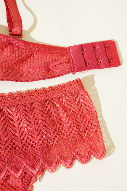 طقم حمالة صدر مبطنة بتفاصيل دانتيل جاكار وزهرة الرمان